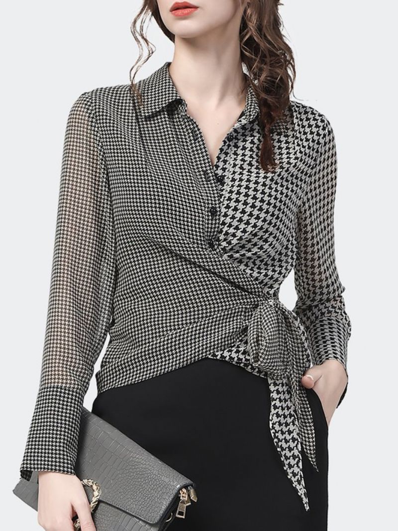 Elegant Houndstooth Langærmet Skjortekravebluse