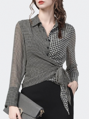 Elegant Houndstooth Langærmet Skjortekravebluse