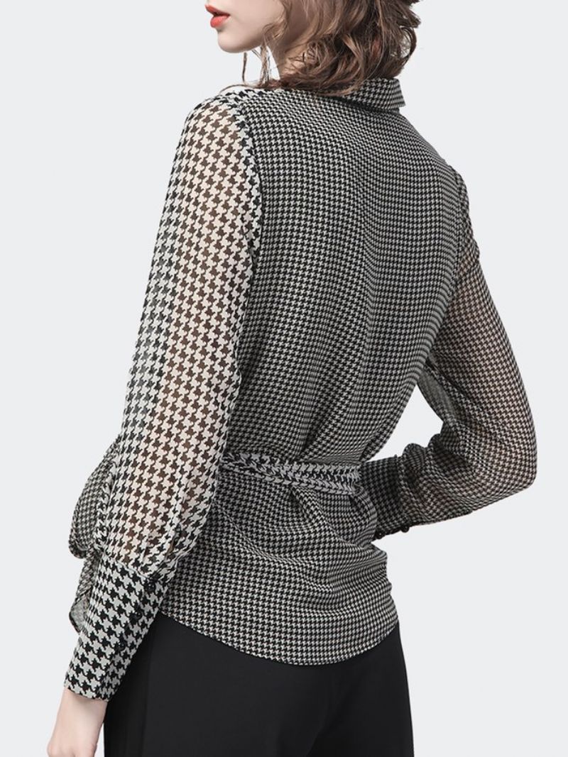 Elegant Houndstooth Langærmet Skjortekravebluse