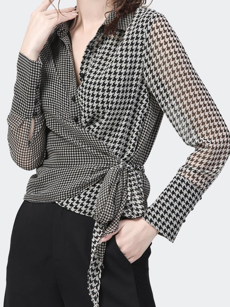 Elegant Houndstooth Langærmet Skjortekravebluse