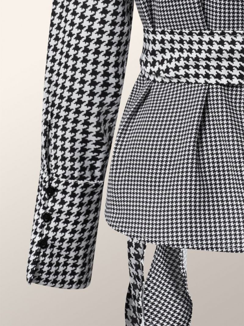 Elegant Houndstooth Langærmet Skjortekravebluse