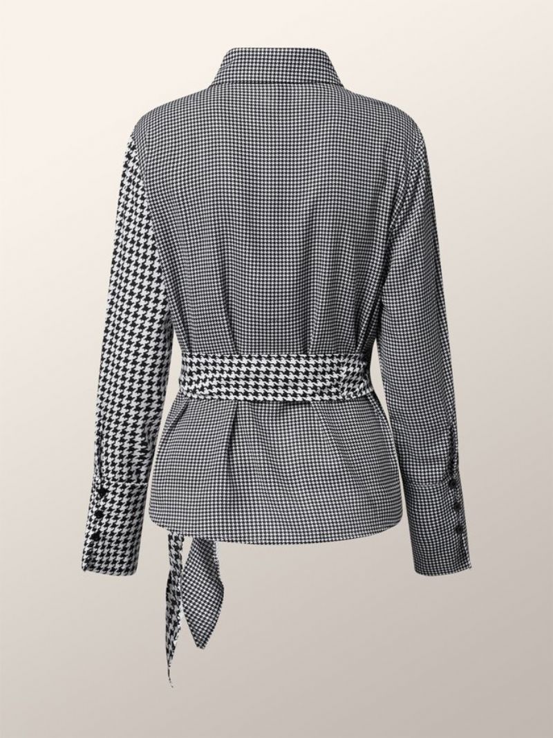 Elegant Houndstooth Langærmet Skjortekravebluse