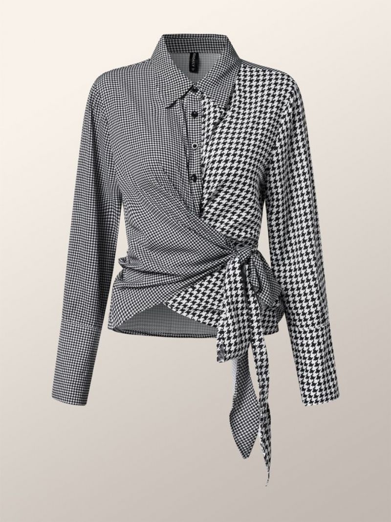 Elegant Houndstooth Langærmet Skjortekravebluse