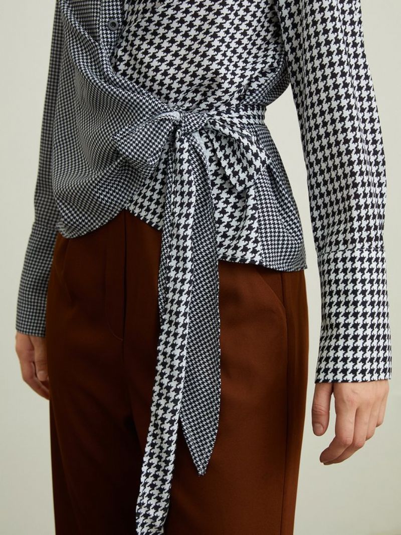 Elegant Houndstooth Langærmet Skjortekravebluse