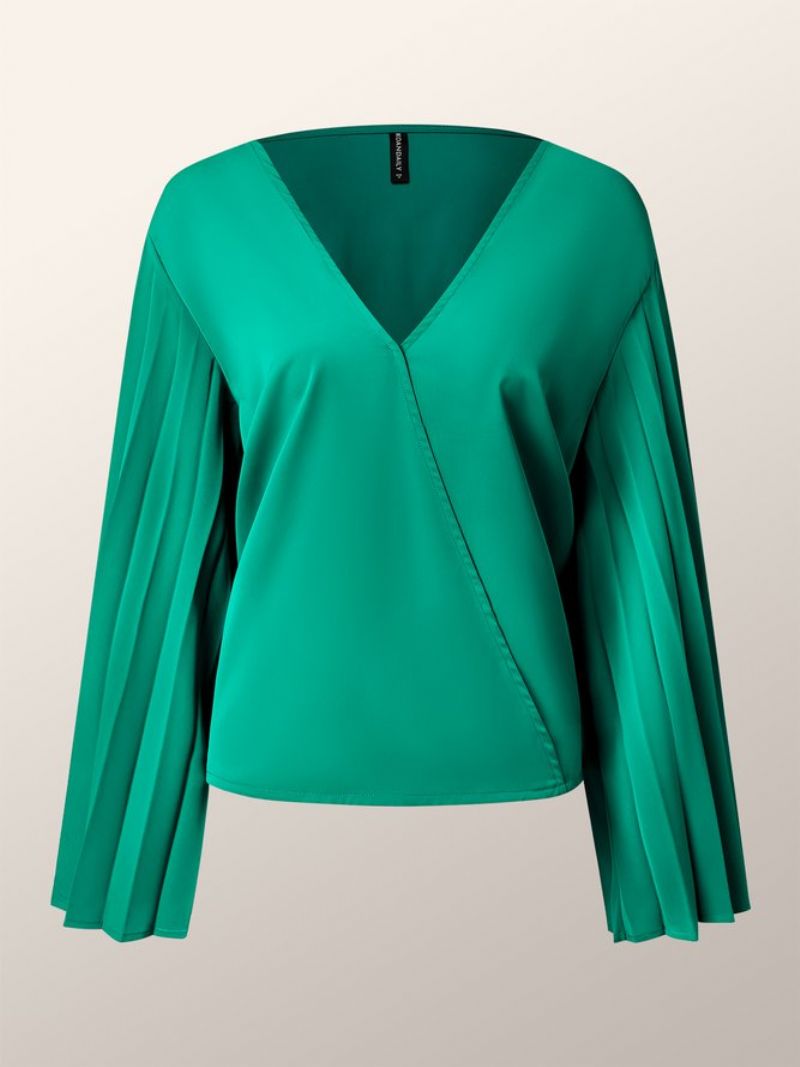 Elegant Plisseret V-Hals Almindelig Top