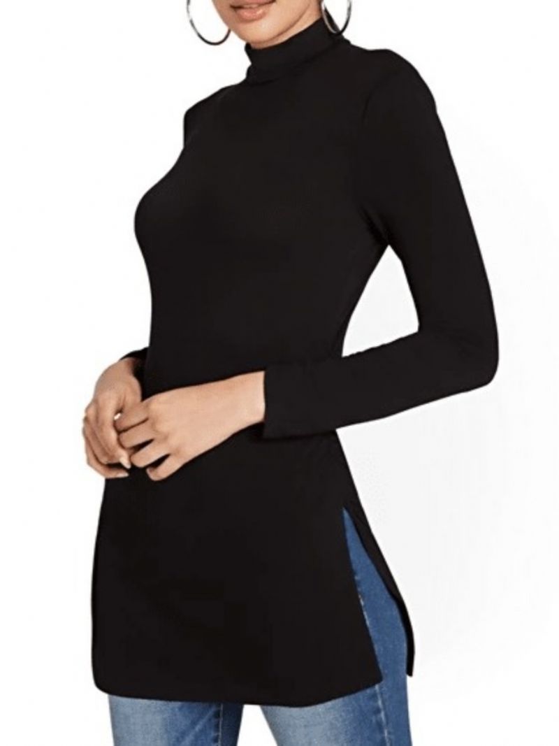 Fall Simple Plain Langærmet Daily Stand Collar High Stretch Toppe