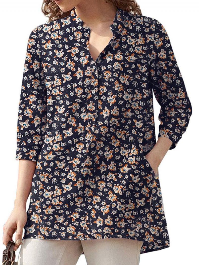 Kvinder 100 % Bomuld Blomsterfritid Bohemian Retro Style V-Hals Sidelommer Bluse