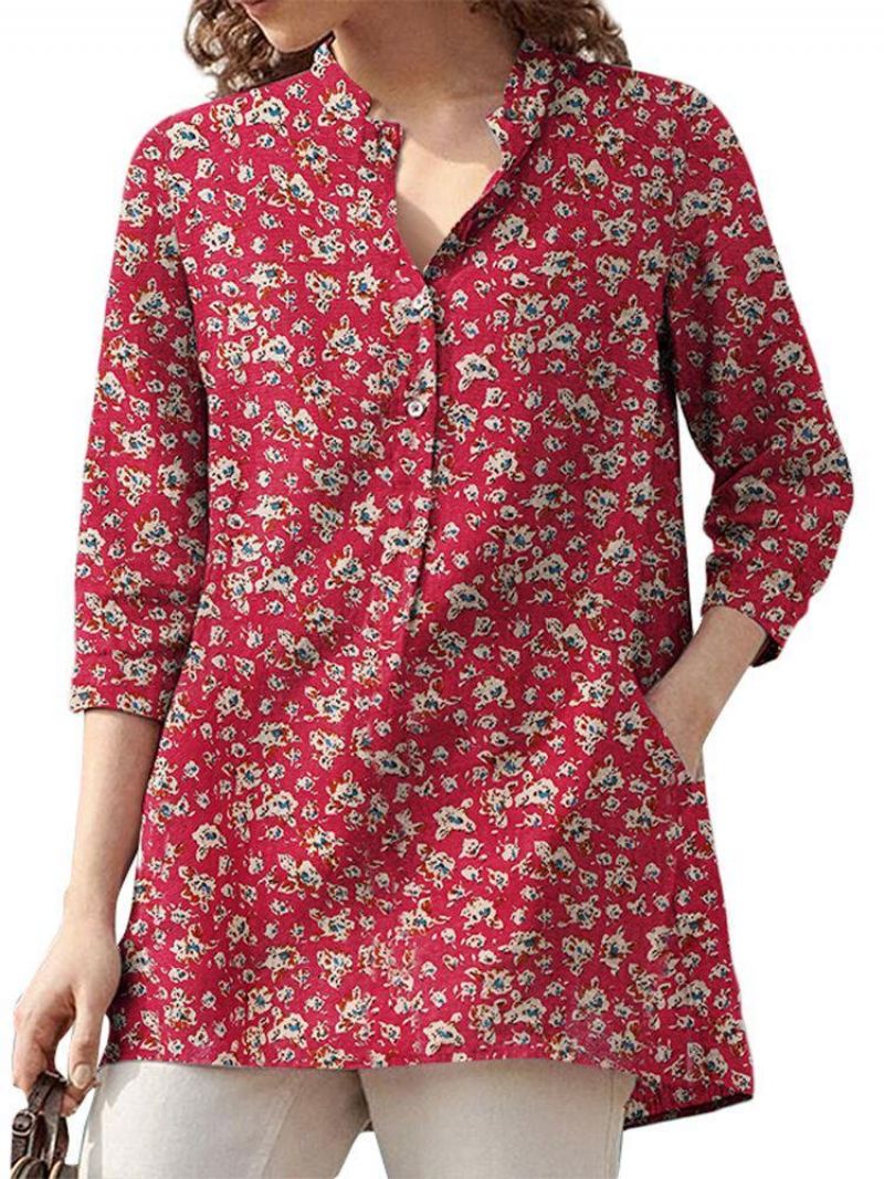 Kvinder 100 % Bomuld Blomsterfritid Bohemian Retro Style V-Hals Sidelommer Bluse