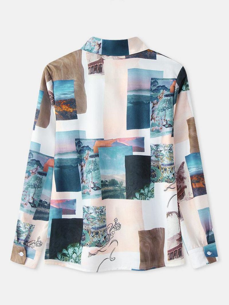 Kvinder Blok Landskab Print Langærmet Lapel Casual Bluse