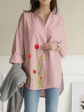 Kvinder Blomster Broderi Almindelig Lapel Langærmet Side Split Casual Bluse