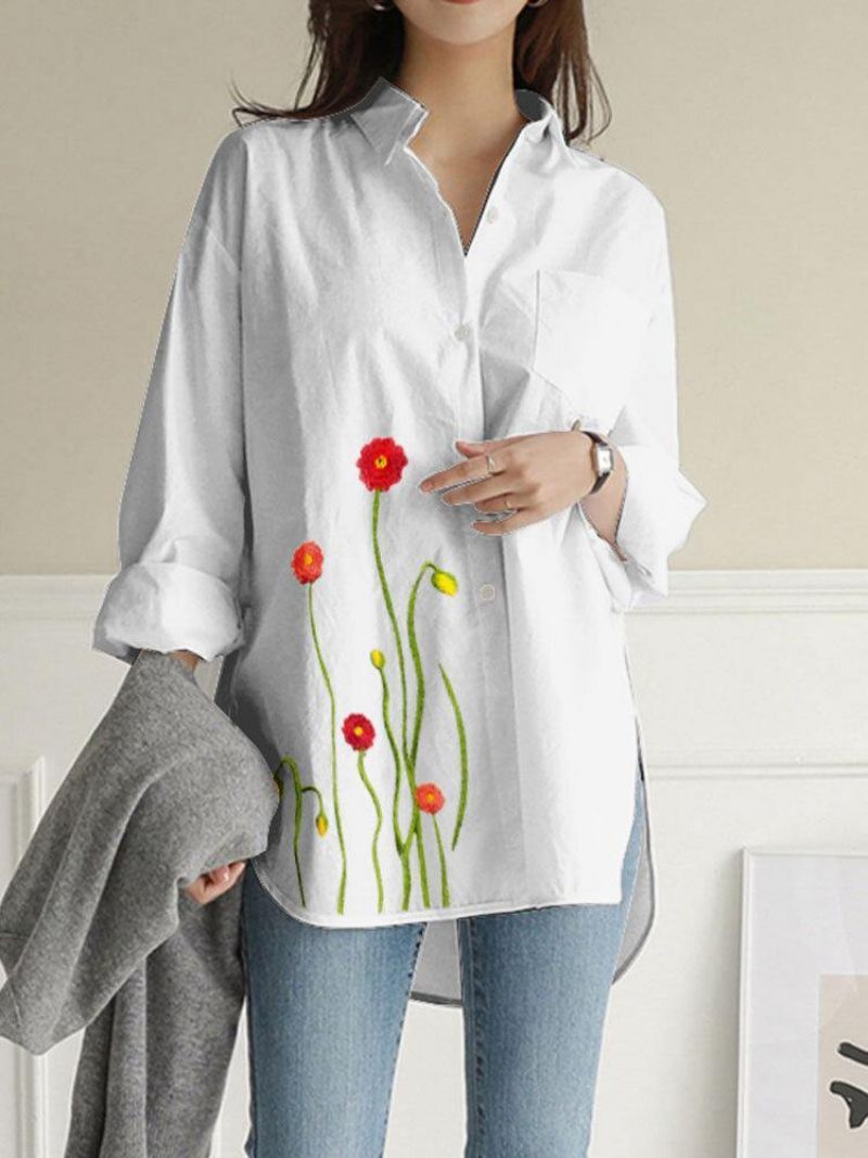 Kvinder Blomster Broderi Almindelig Lapel Langærmet Side Split Casual Bluse