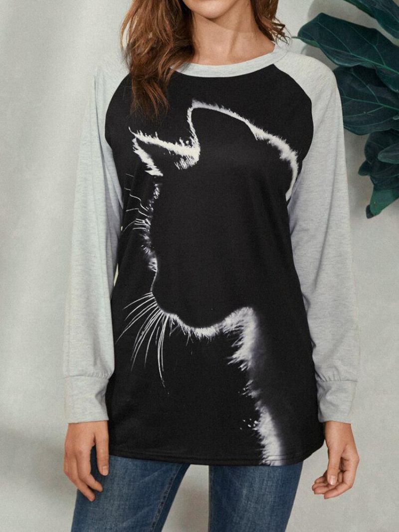 Kvinder Cat Print Rund Hals Afslappet Raglan Ærmer Bluser