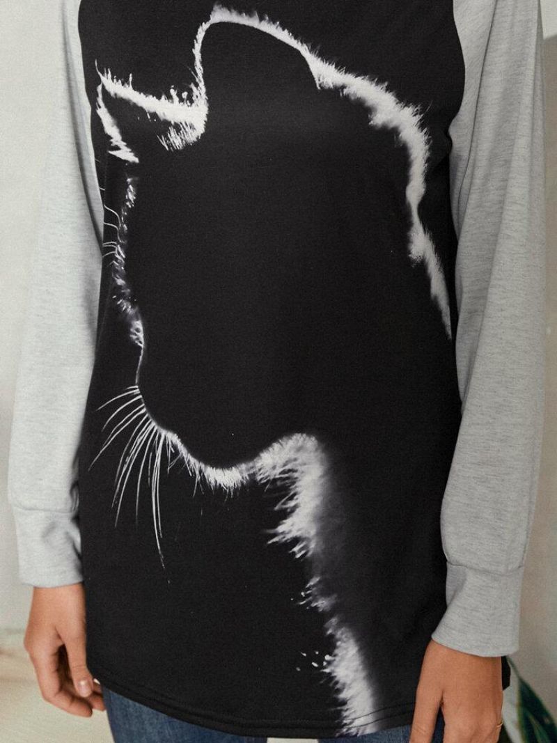 Kvinder Cat Print Rund Hals Afslappet Raglan Ærmer Bluser