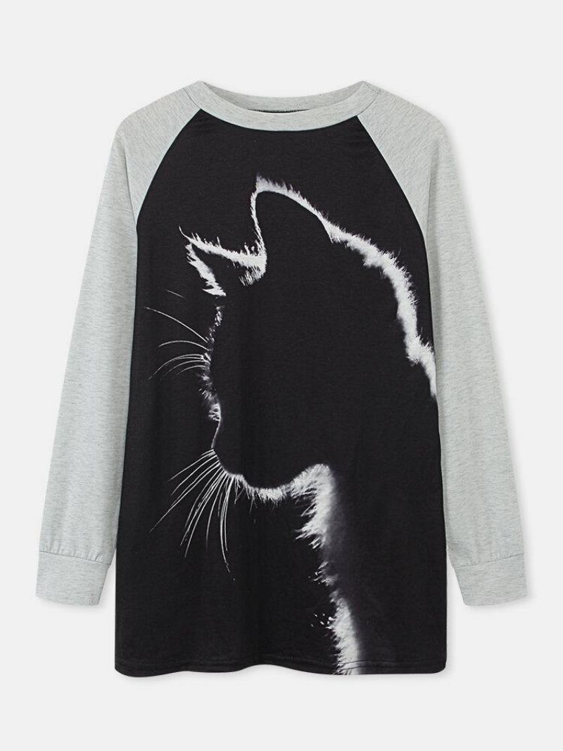 Kvinder Cat Print Rund Hals Afslappet Raglan Ærmer Bluser