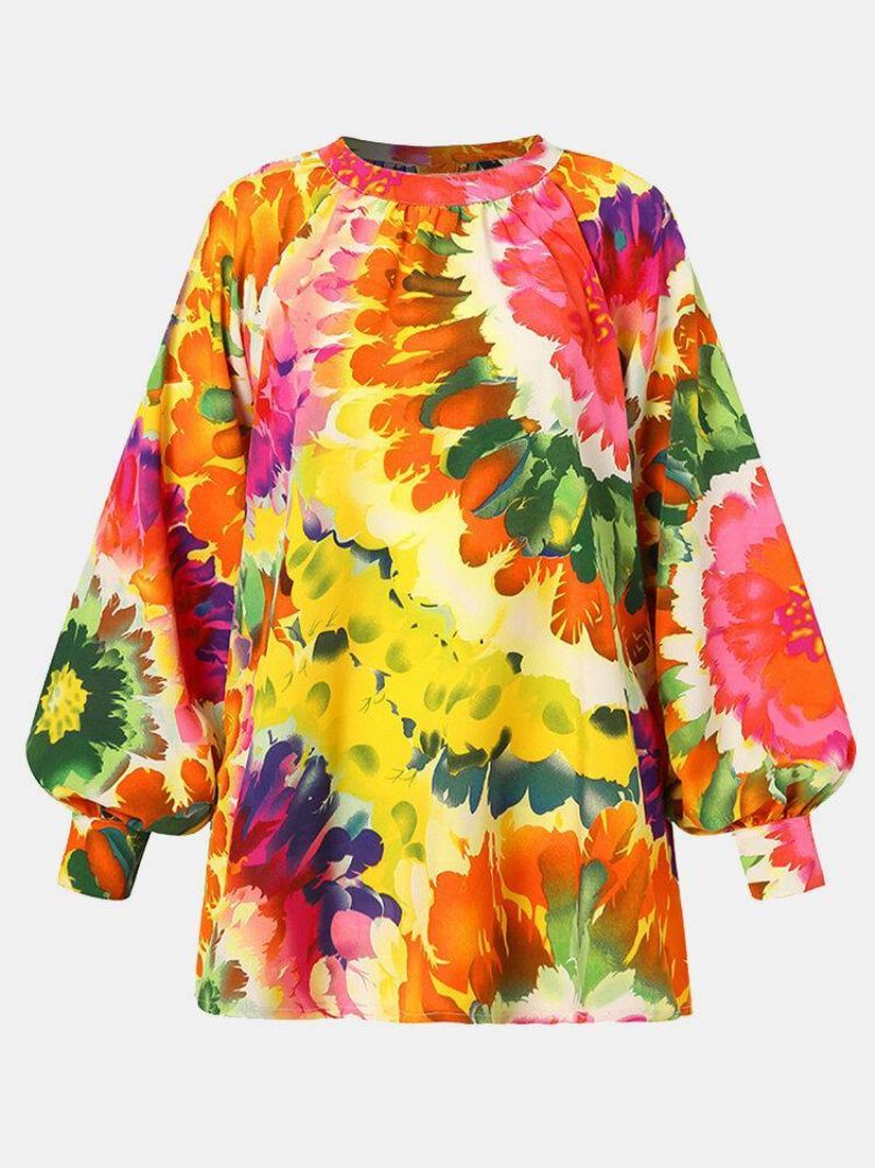 Kvinder Farverige Blomster Udskrivning Puff Sleeve Tilbage Button Casual Bluse