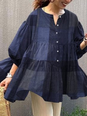 Kvinder Plaid Button Up Ruffle Halværmet Løse Casual Bluser