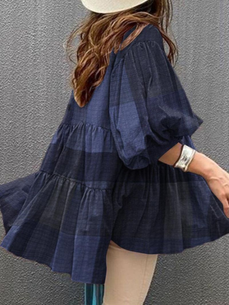 Kvinder Plaid Button Up Ruffle Halværmet Løse Casual Bluser