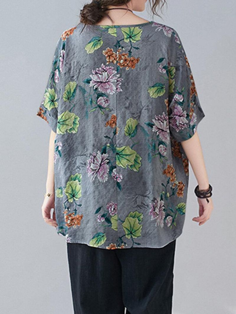 Loose Fit Flowers Printing Street Mode Bluser