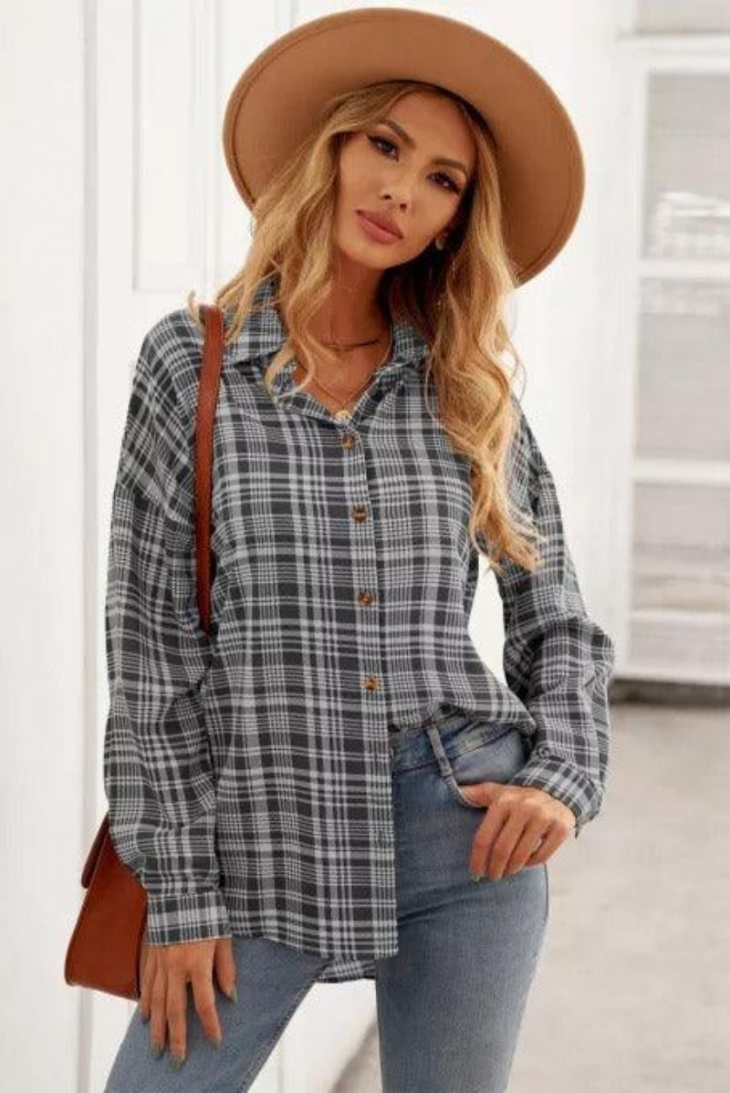 Plaidprint Drop Shoulder Button Down Skjorte