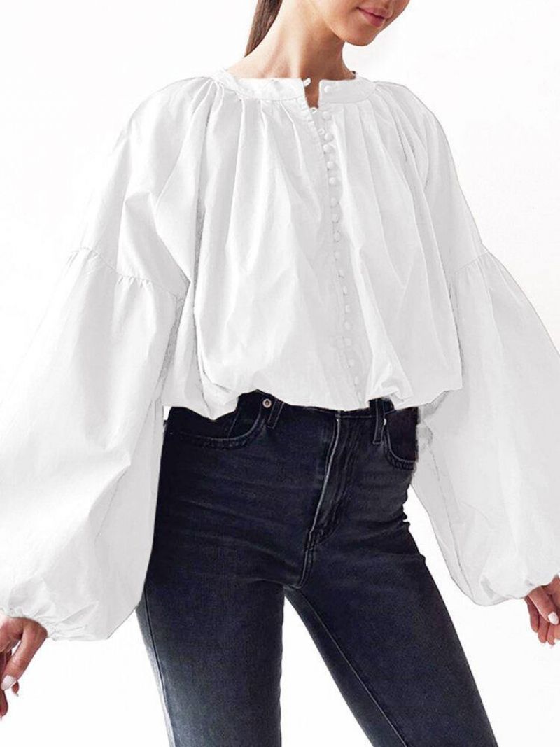 Puff Sleeve Casual Ensfarvet Knap Op O-Hals Plisseret Stilfuld Bluse Til Kvinder