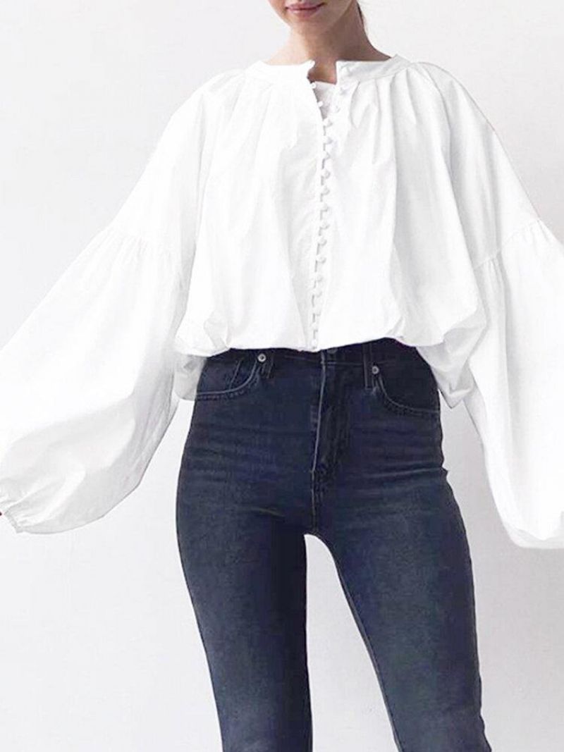 Puff Sleeve Casual Ensfarvet Knap Op O-Hals Plisseret Stilfuld Bluse Til Kvinder