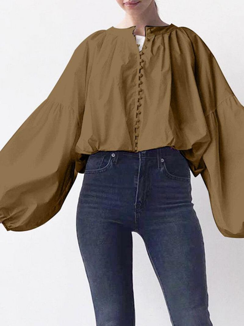 Puff Sleeve Casual Ensfarvet Knap Op O-Hals Plisseret Stilfuld Bluse Til Kvinder