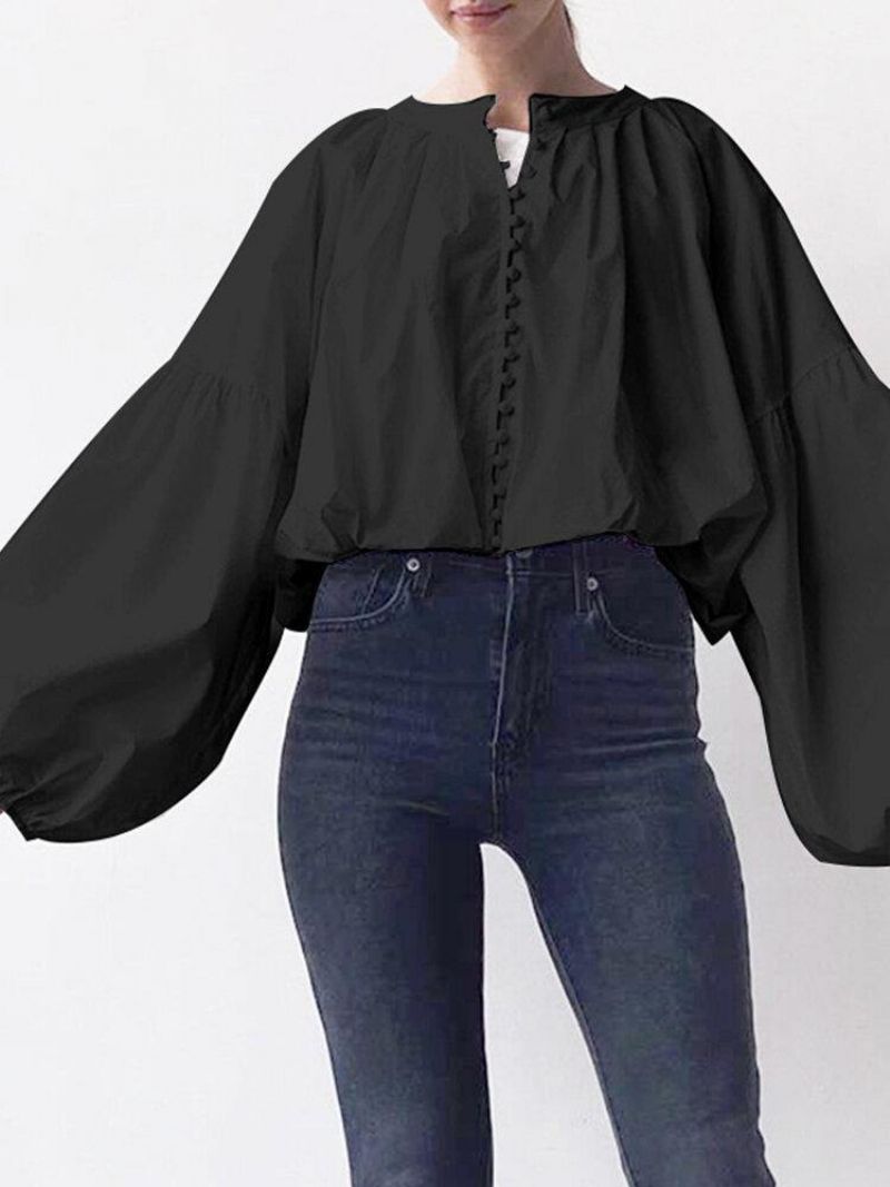 Puff Sleeve Casual Ensfarvet Knap Op O-Hals Plisseret Stilfuld Bluse Til Kvinder