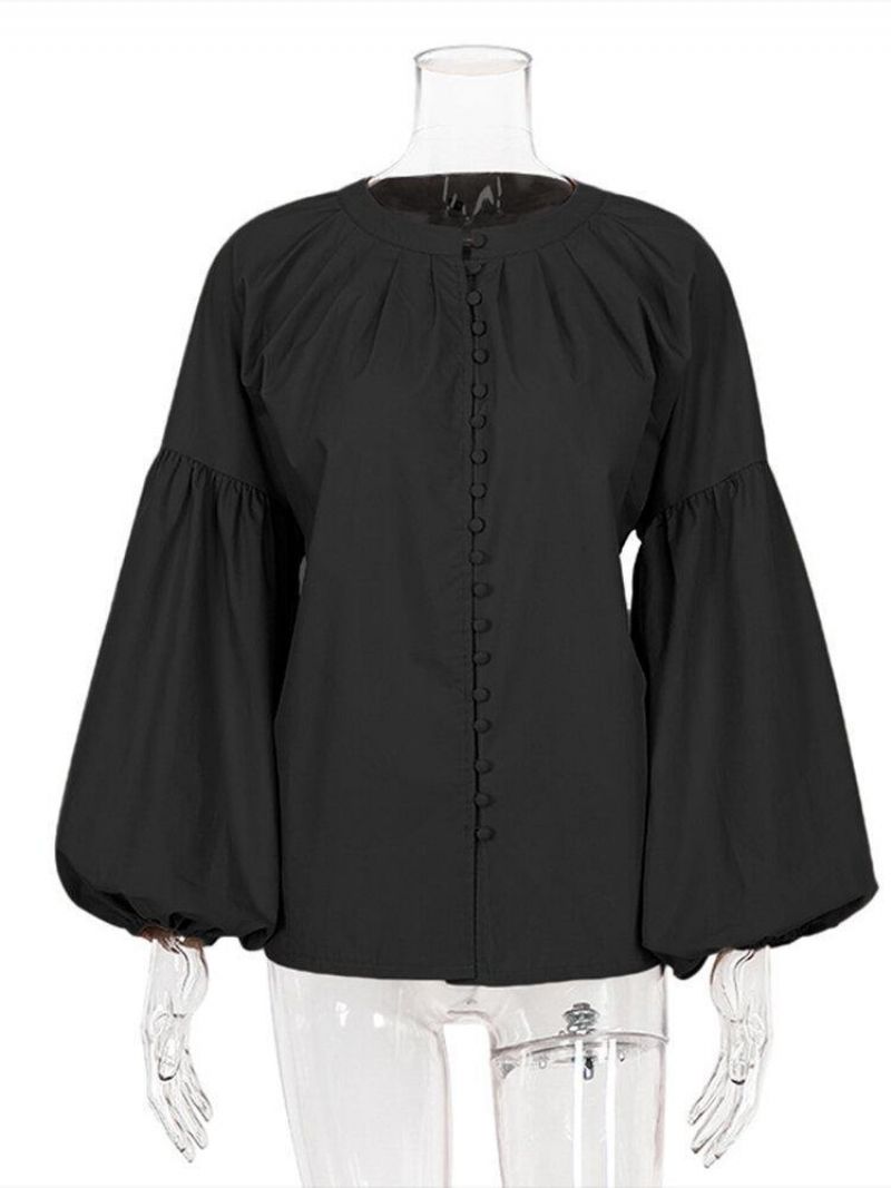 Puff Sleeve Casual Ensfarvet Knap Op O-Hals Plisseret Stilfuld Bluse Til Kvinder