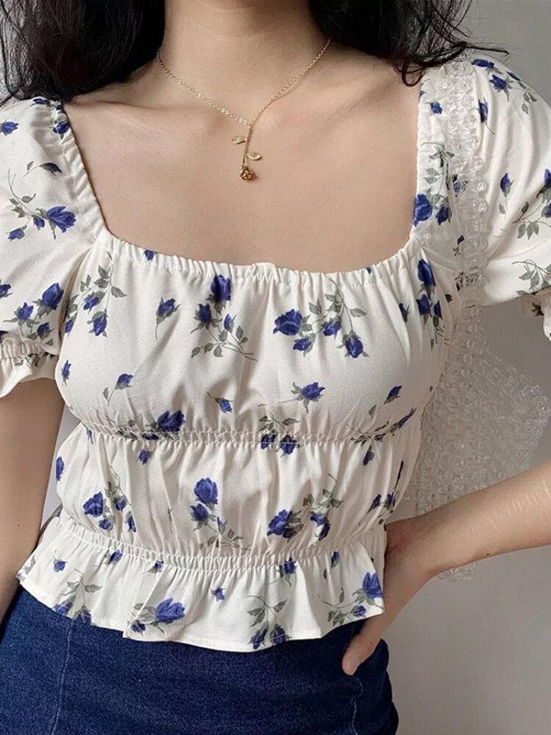 Puff Sleeve Casual Floral Sommerbluse Til Kvinder