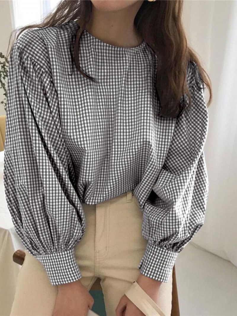 Puff Sleeve O-Hals Plaid Casual Løs Bluse Til Kvinder