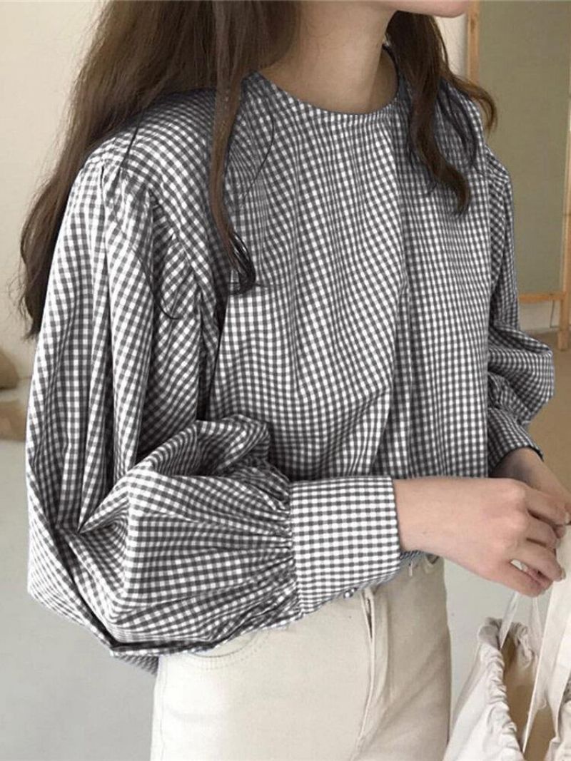 Puff Sleeve O-Hals Plaid Casual Løs Bluse Til Kvinder