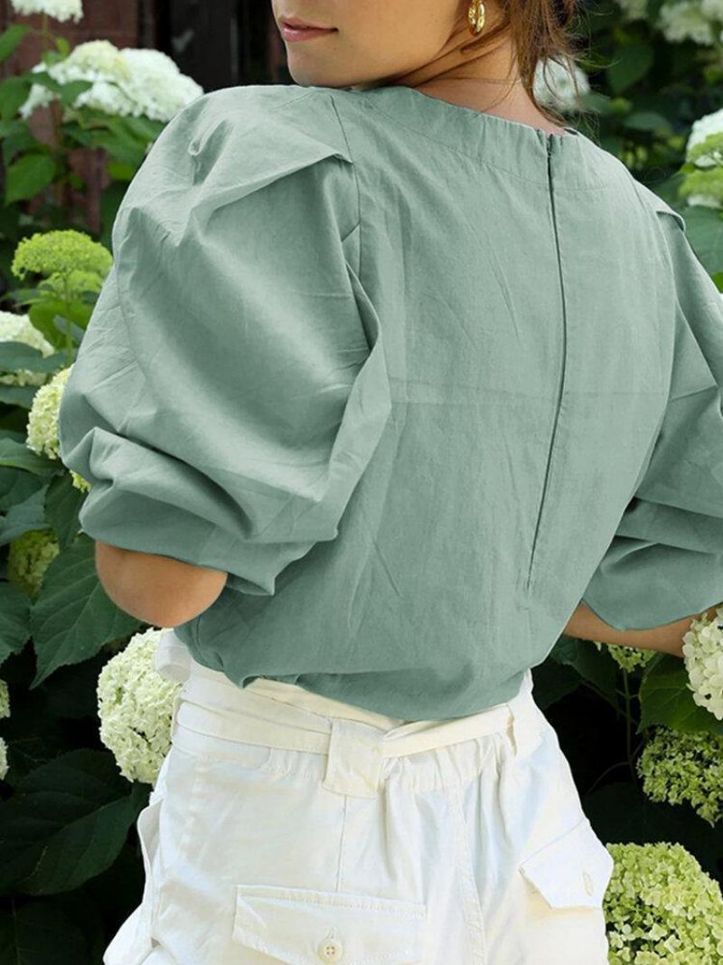 Puff Sleeve O-Hals Ryg Lynlås Bomuld Casual Bluse Til Kvinder