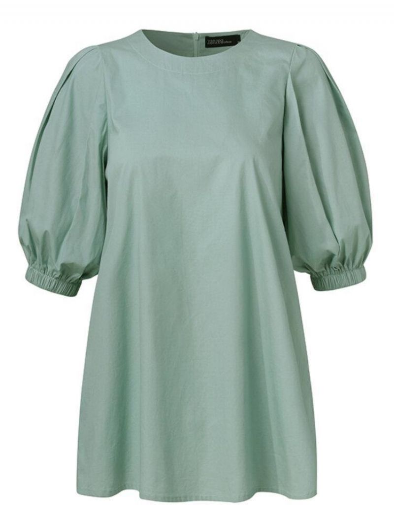 Puff Sleeve O-Hals Ryg Lynlås Bomuld Casual Bluse Til Kvinder