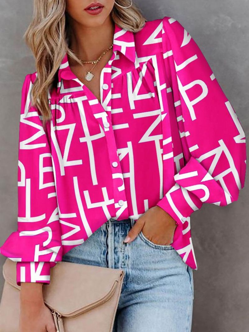 Urban Text Letters Printet Bluse Med Skjortekrave