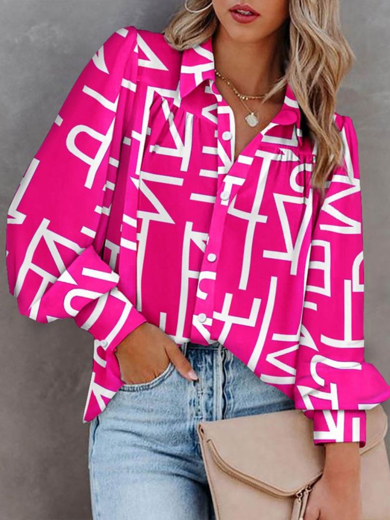 Urban Text Letters Printet Bluse Med Skjortekrave