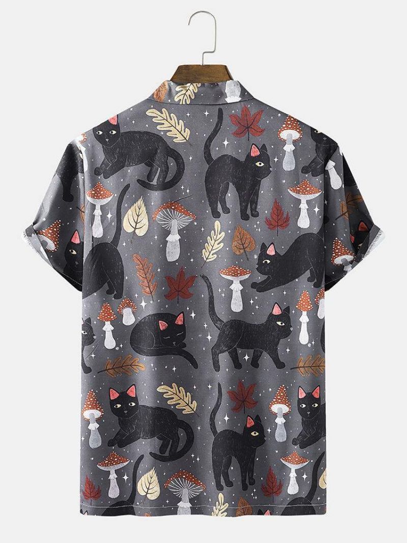 Herre Street Cat & Mushroom Print Revere Collar Shirts