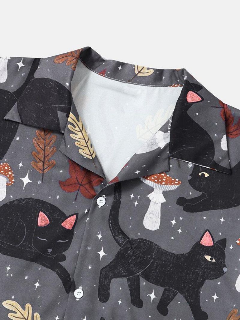 Herre Street Cat & Mushroom Print Revere Collar Shirts