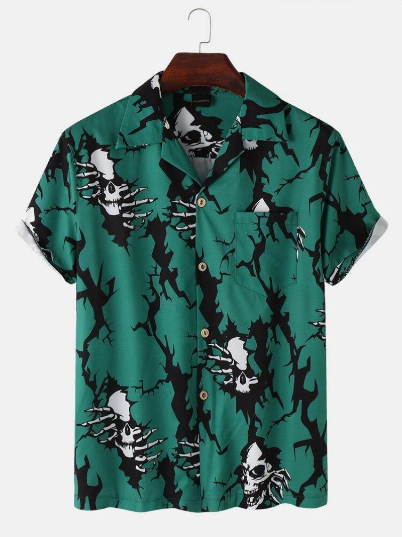 Mænds Afslappede Revere-Krave Skull Print Pocket Shirts