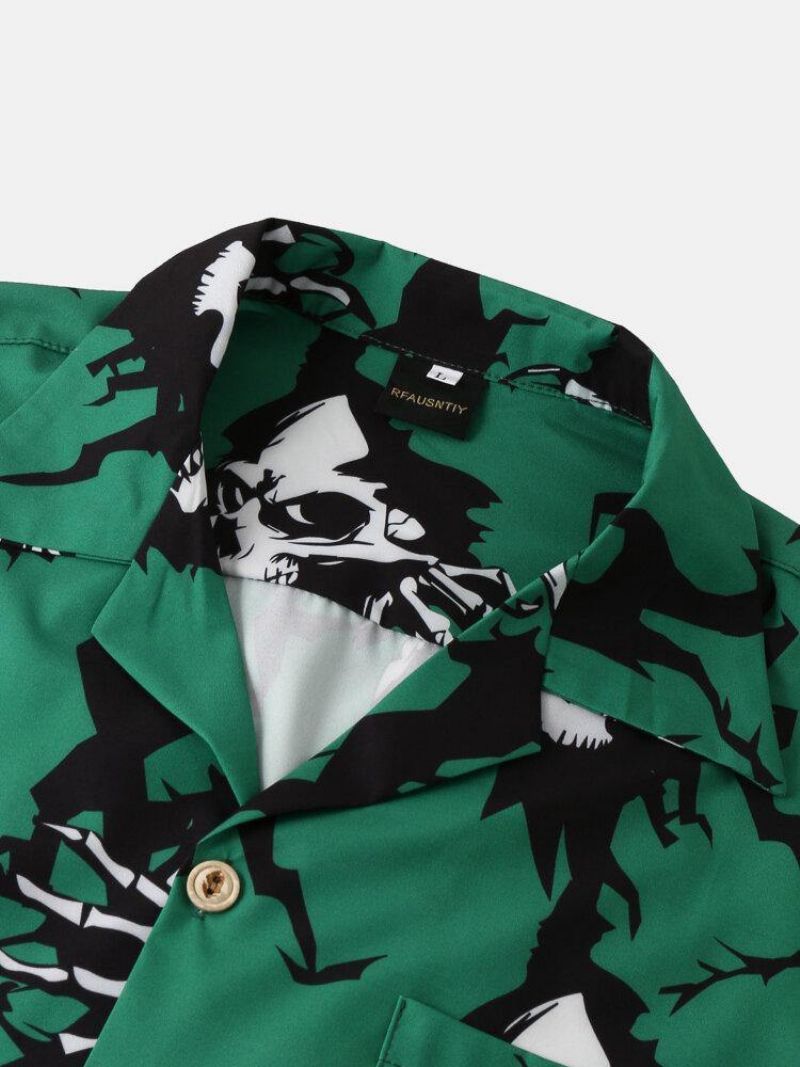 Mænds Afslappede Revere-Krave Skull Print Pocket Shirts