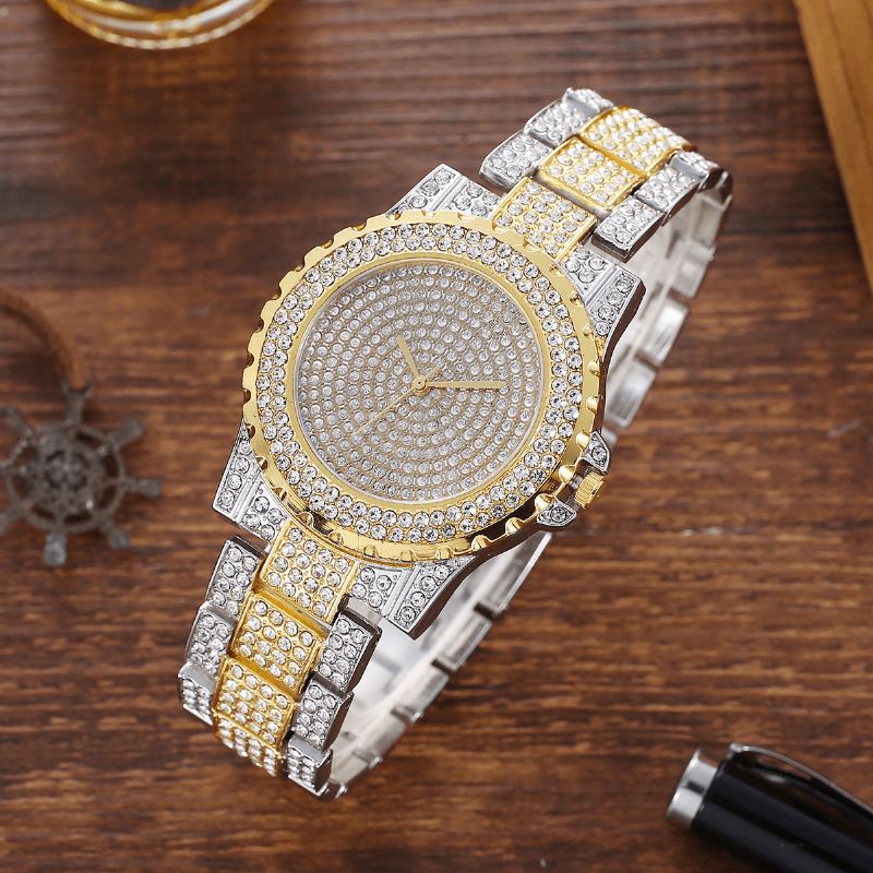 2 Stk Mode Luxury Fuld Diamond Steel Band Quartz ur Punk Rhinestone Armbånd Sæt