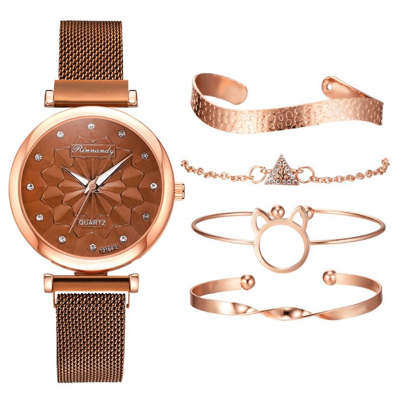 5 Stk Kombination Dame Armbånd Watch Sæt Flower Dial Mesh Stål Band Quartz ur