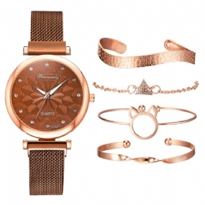 5 Stk Kombination Dame Armbånd Watch Sæt Flower Dial Mesh Stål Band Quartz ur