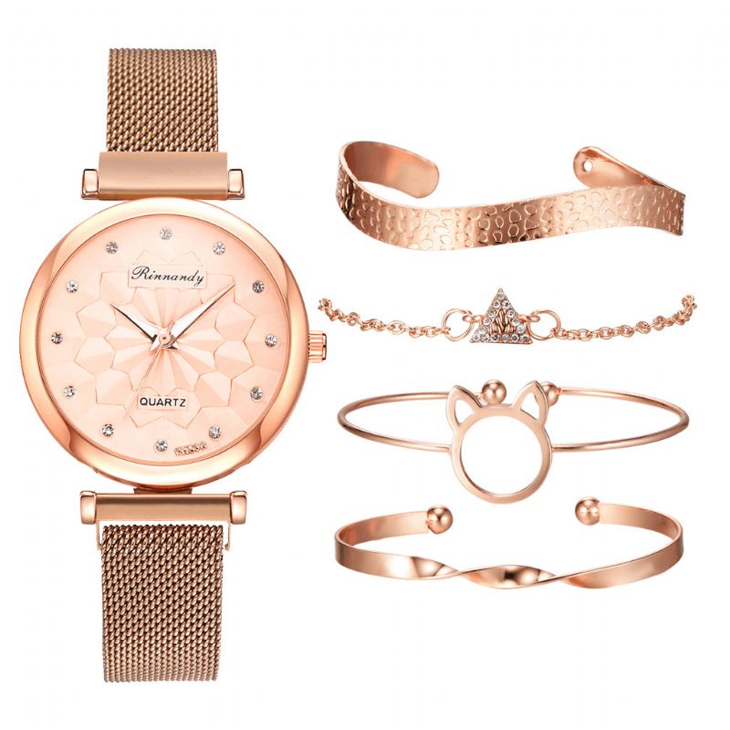 5 Stk Kombination Dame Armbånd Watch Sæt Flower Dial Mesh Stål Band Quartz ur