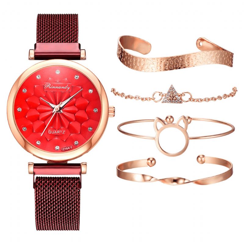 5 Stk Kombination Dame Armbånd Watch Sæt Flower Dial Mesh Stål Band Quartz ur