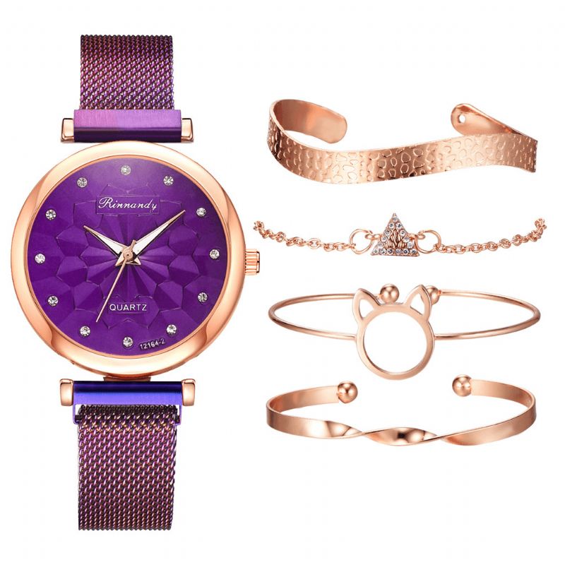 5 Stk Kombination Dame Armbånd Watch Sæt Flower Dial Mesh Stål Band Quartz ur