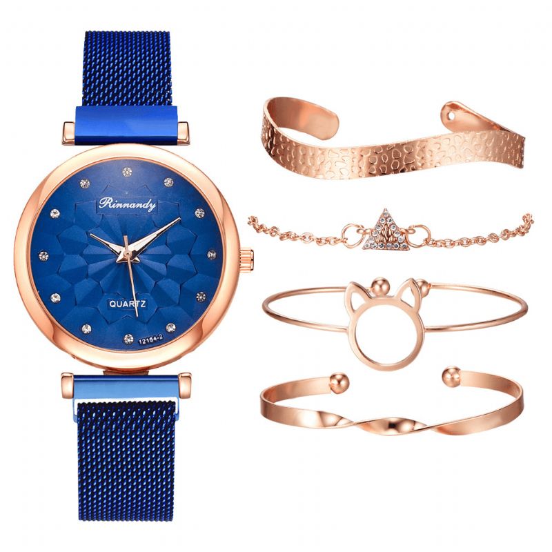 5 Stk Kombination Dame Armbånd Watch Sæt Flower Dial Mesh Stål Band Quartz ur