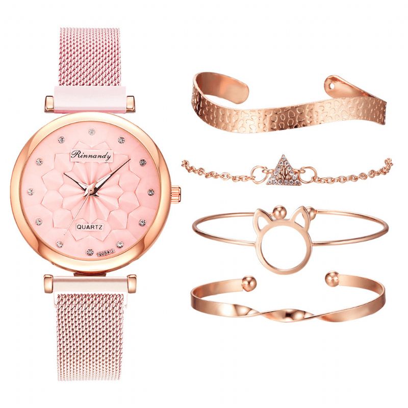 5 Stk Kombination Dame Armbånd Watch Sæt Flower Dial Mesh Stål Band Quartz ur