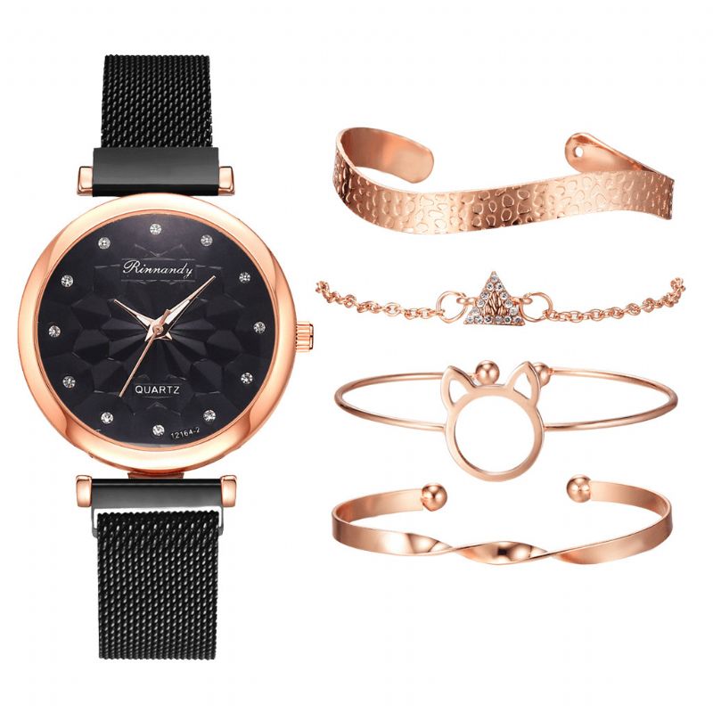 5 Stk Kombination Dame Armbånd Watch Sæt Flower Dial Mesh Stål Band Quartz ur