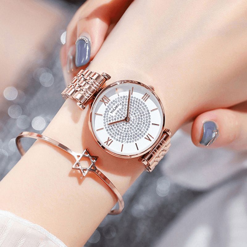 A0566 Trendy Elegant Kvinder Ure Fuld Legering Romertal Rhinestones Mount Dial Quartz Ure