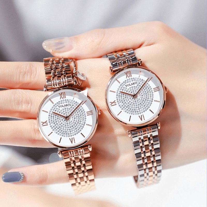 A0566 Trendy Elegant Kvinder Ure Fuld Legering Romertal Rhinestones Mount Dial Quartz Ure